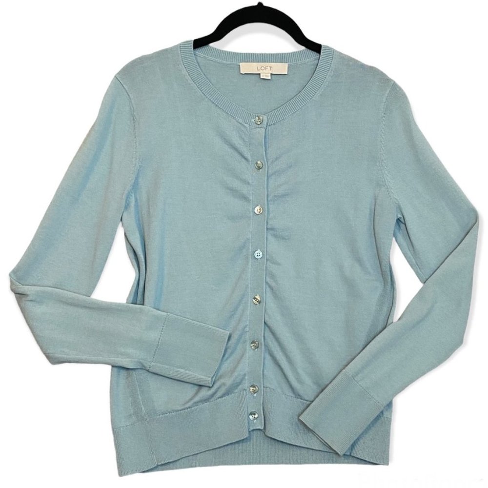 Ann Taylor LOFT Button Up Cardigan Sweater Pale Blue Classic Cotton Size Small